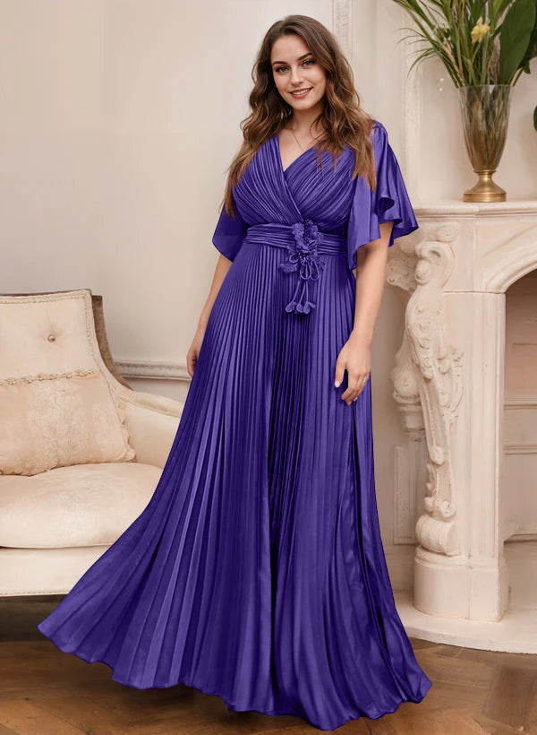 A-Line/Princess V-Neck Short Sleeves Mother of the Bride Dresses with Belt - 이미지 40