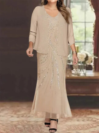 Sheath/Column V-Neck Ankle-Length Plus Size Mother of the Bride Dresses with Jacket & Sequins Beading