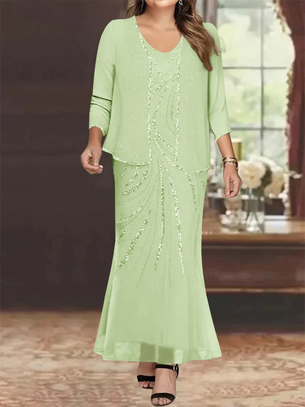 Sheath/Column V-Neck Ankle-Length Plus Size Mother of the Bride Dresses with Jacket & Sequins Beading - Image 5