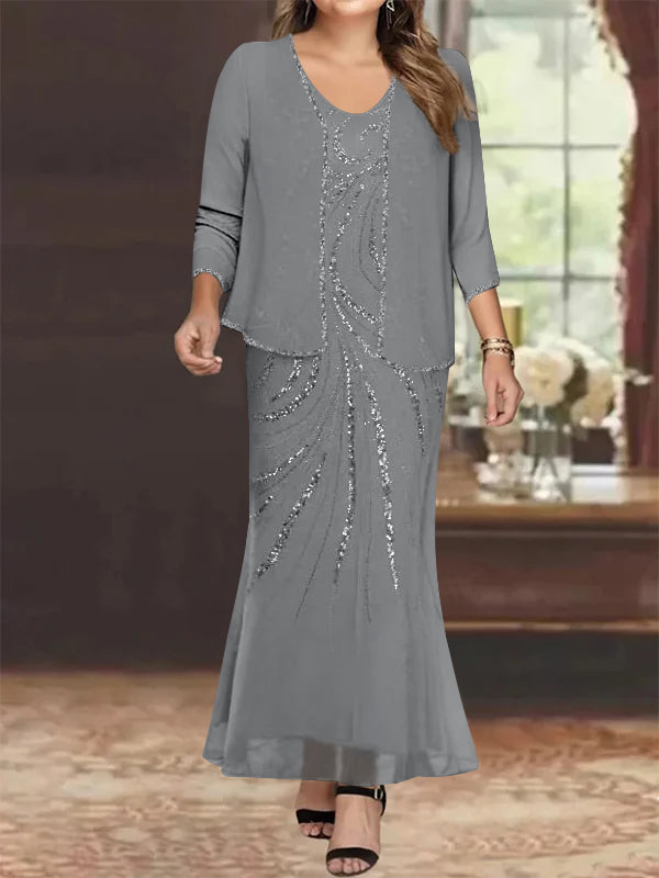 Sheath/Column V-Neck Ankle-Length Plus Size Mother of the Bride Dresses with Jacket & Sequins Beading - Image 7