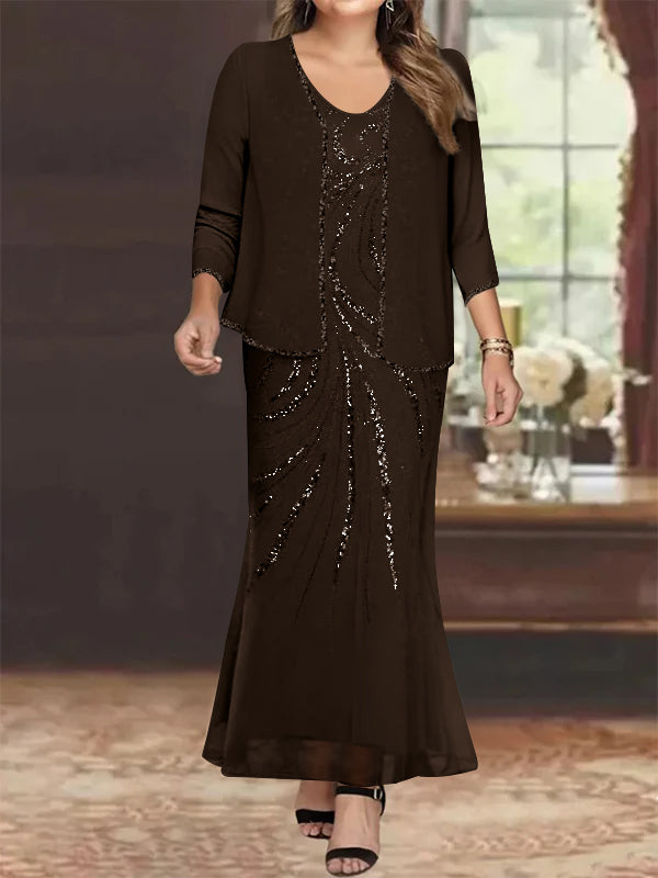 Sheath/Column V-Neck Ankle-Length Plus Size Mother of the Bride Dresses with Jacket & Sequins Beading - Image 32