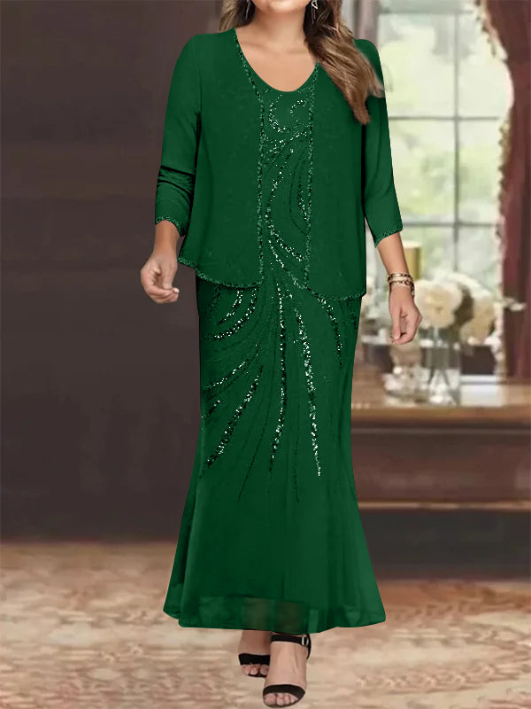 Sheath/Column V-Neck Ankle-Length Plus Size Mother of the Bride Dresses with Jacket & Sequins Beading - Image 9