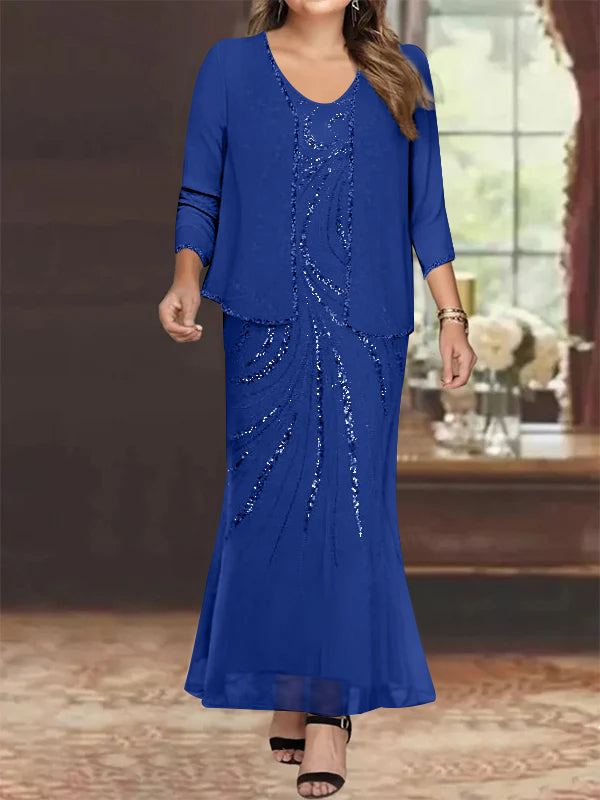 Sheath/Column V-Neck Ankle-Length Plus Size Mother of the Bride Dresses with Jacket & Sequins Beading - Image 34