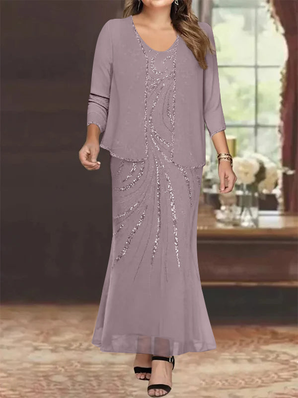 Sheath/Column V-Neck Ankle-Length Plus Size Mother of the Bride Dresses with Jacket & Sequins Beading - Image 11