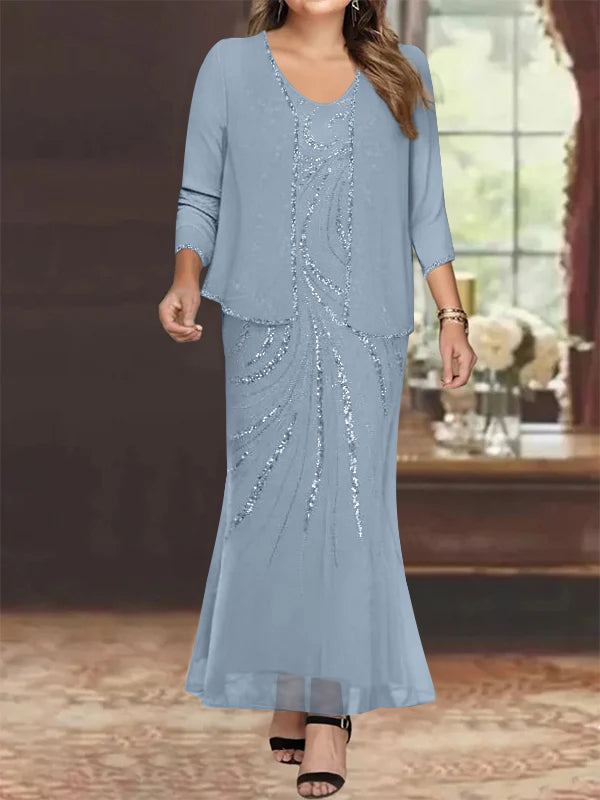 Sheath/Column V-Neck Ankle-Length Plus Size Mother of the Bride Dresses with Jacket & Sequins Beading - Image 12
