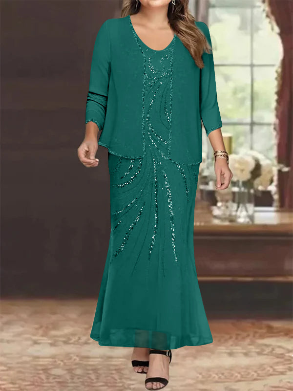 Sheath/Column V-Neck Ankle-Length Plus Size Mother of the Bride Dresses with Jacket & Sequins Beading - Image 14