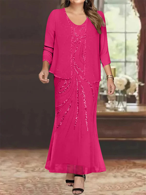 Sheath/Column V-Neck Ankle-Length Plus Size Mother of the Bride Dresses with Jacket & Sequins Beading - Image 15