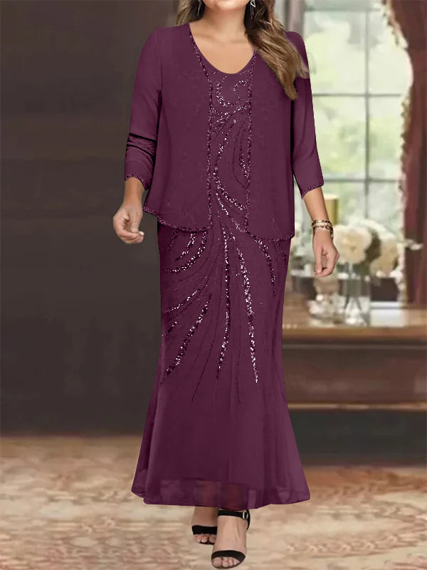 Sheath/Column V-Neck Ankle-Length Plus Size Mother of the Bride Dresses with Jacket & Sequins Beading - Image 36