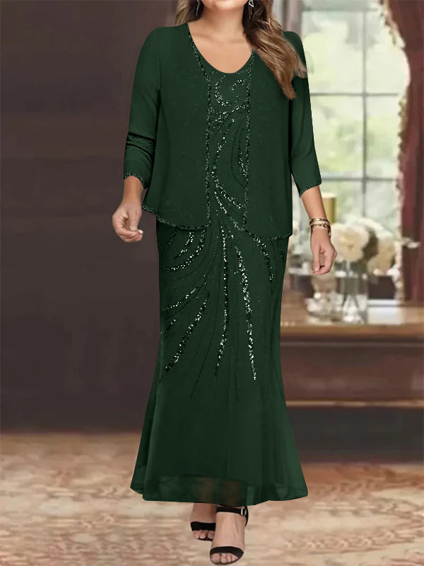Sheath/Column V-Neck Ankle-Length Plus Size Mother of the Bride Dresses with Jacket & Sequins Beading - Image 16