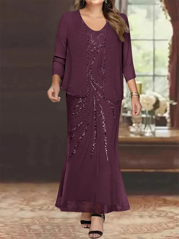 Sheath/Column V-Neck Ankle-Length Plus Size Mother of the Bride Dresses with Jacket & Sequins Beading - Image 20