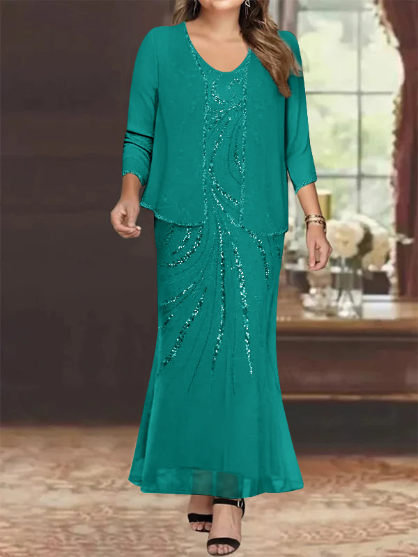 Sheath/Column V-Neck Ankle-Length Plus Size Mother of the Bride Dresses with Jacket & Sequins Beading - Image 48