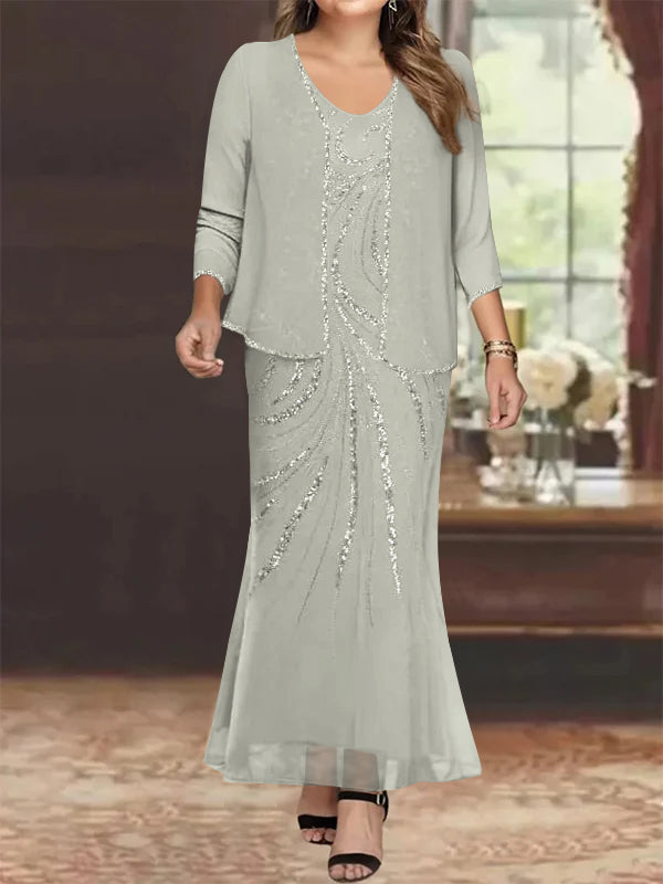 Sheath/Column V-Neck Ankle-Length Plus Size Mother of the Bride Dresses with Jacket & Sequins Beading - Image 22