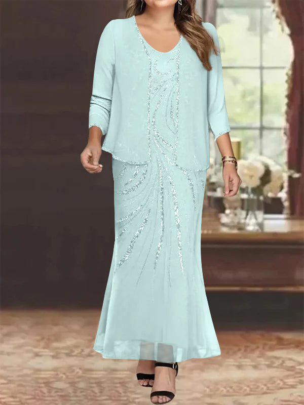 Sheath/Column V-Neck Ankle-Length Plus Size Mother of the Bride Dresses with Jacket & Sequins Beading - Image 52