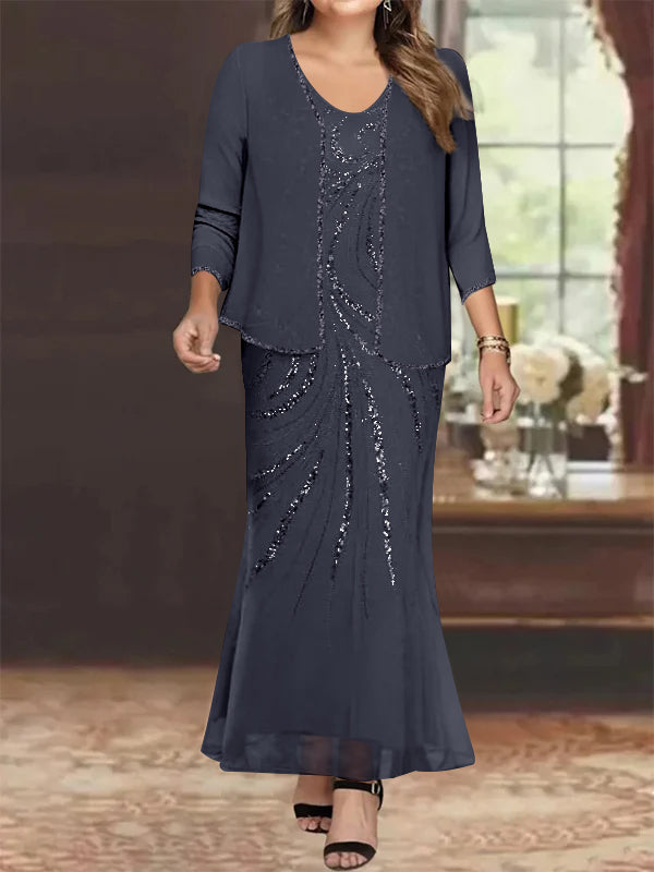 Sheath/Column V-Neck Ankle-Length Plus Size Mother of the Bride Dresses with Jacket & Sequins Beading - Image 23