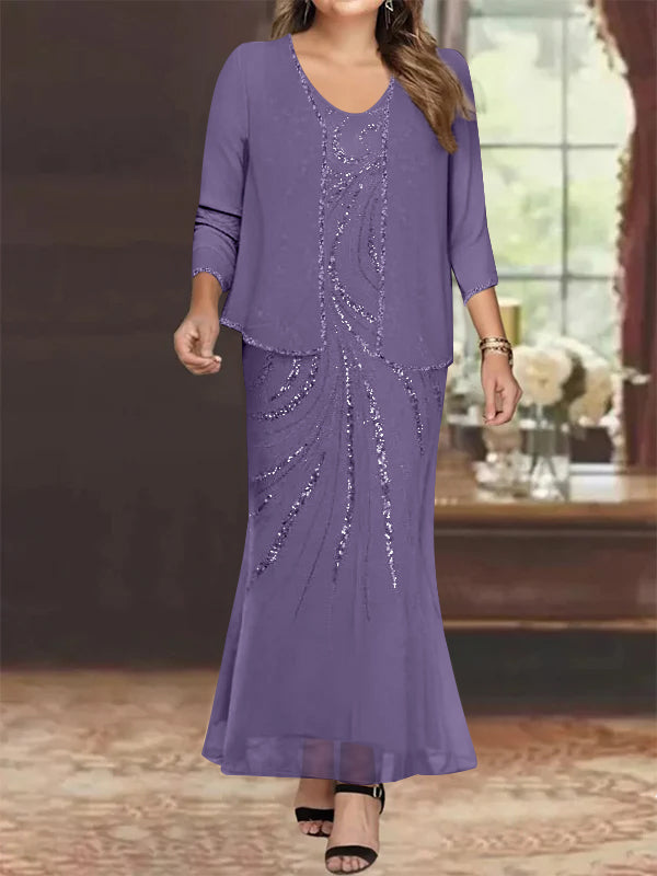 Sheath/Column V-Neck Ankle-Length Plus Size Mother of the Bride Dresses with Jacket & Sequins Beading - Image 24