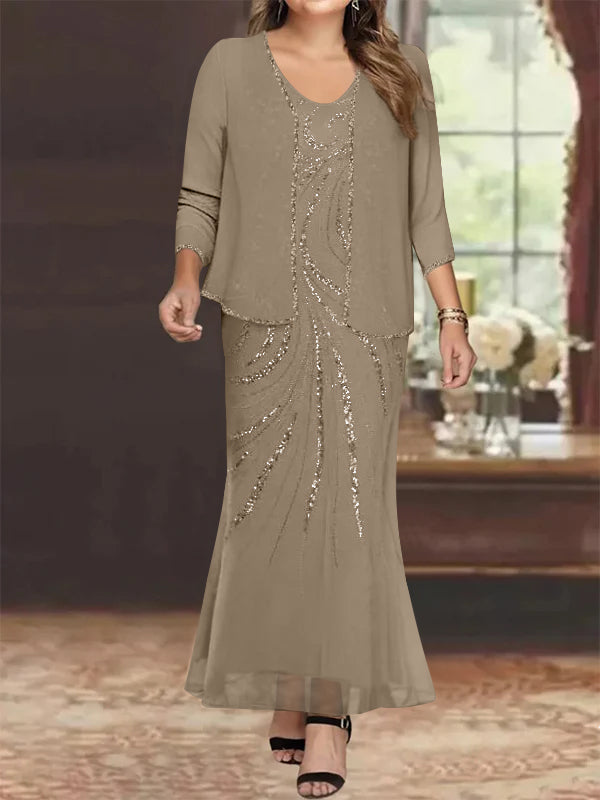Sheath/Column V-Neck Ankle-Length Plus Size Mother of the Bride Dresses with Jacket & Sequins Beading - Image 25