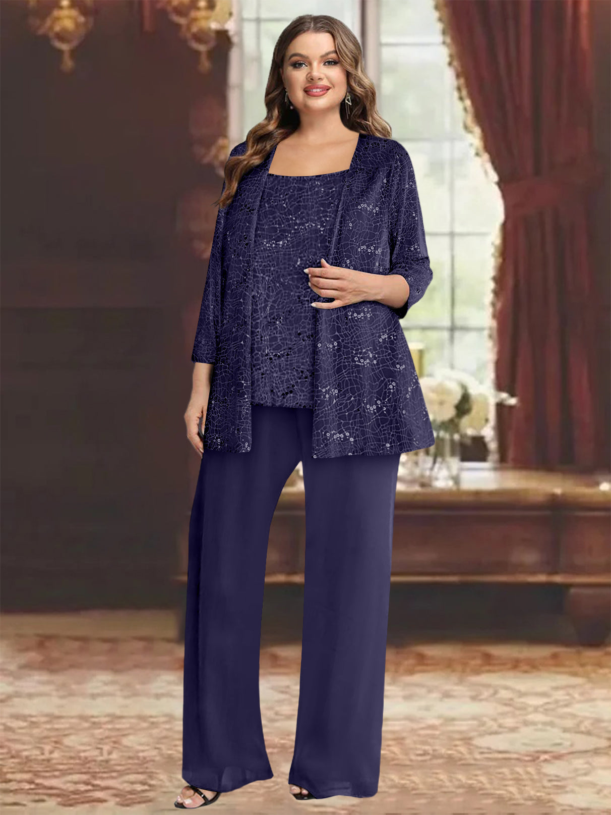 Chiffon Plus Size Mother of the Bride Pantsuits with Jacket & Sequins - 이미지 29