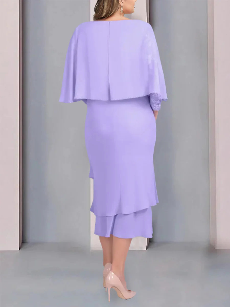 Sheath/Column Scoop Short Sleeves Tea-Length Plus Size Mother of the Bride Dresses with Appliques & Lace - 이미지 2