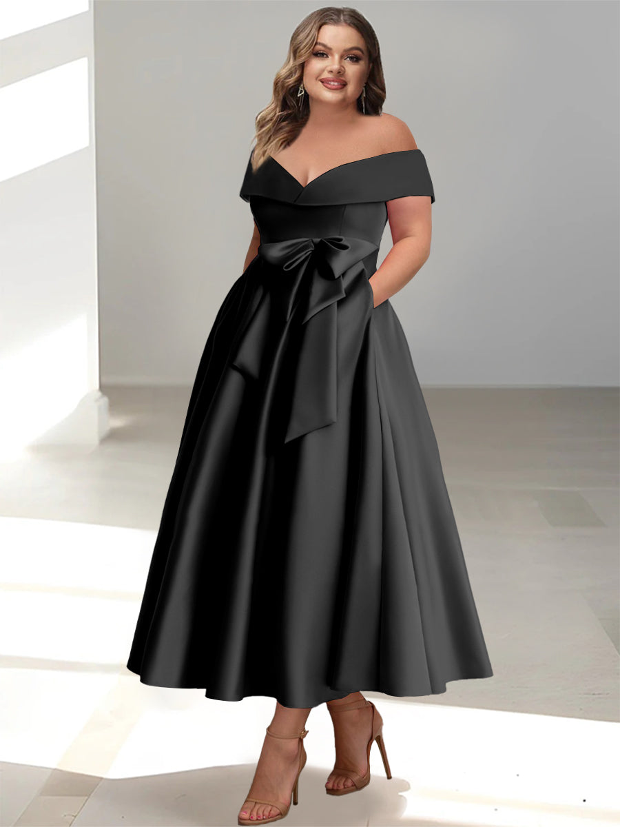 A-Line/Princess Off-the-Shoulder Sleeveless Ankle-Length Plus Size Mother of the Bride Dresses with Pockets - Image 4