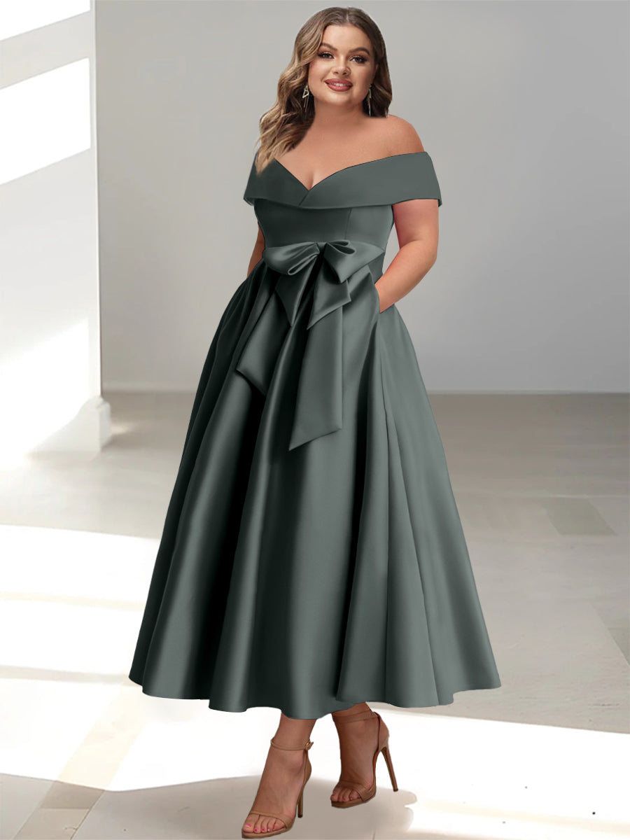 A-Line/Princess Off-the-Shoulder Sleeveless Ankle-Length Plus Size Mother of the Bride Dresses with Pockets - Image 11