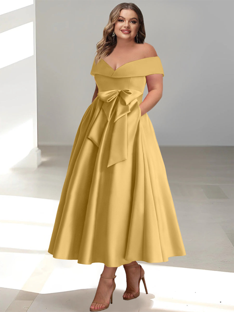 A-Line/Princess Off-the-Shoulder Sleeveless Ankle-Length Plus Size Mother of the Bride Dresses with Pockets - Image 25
