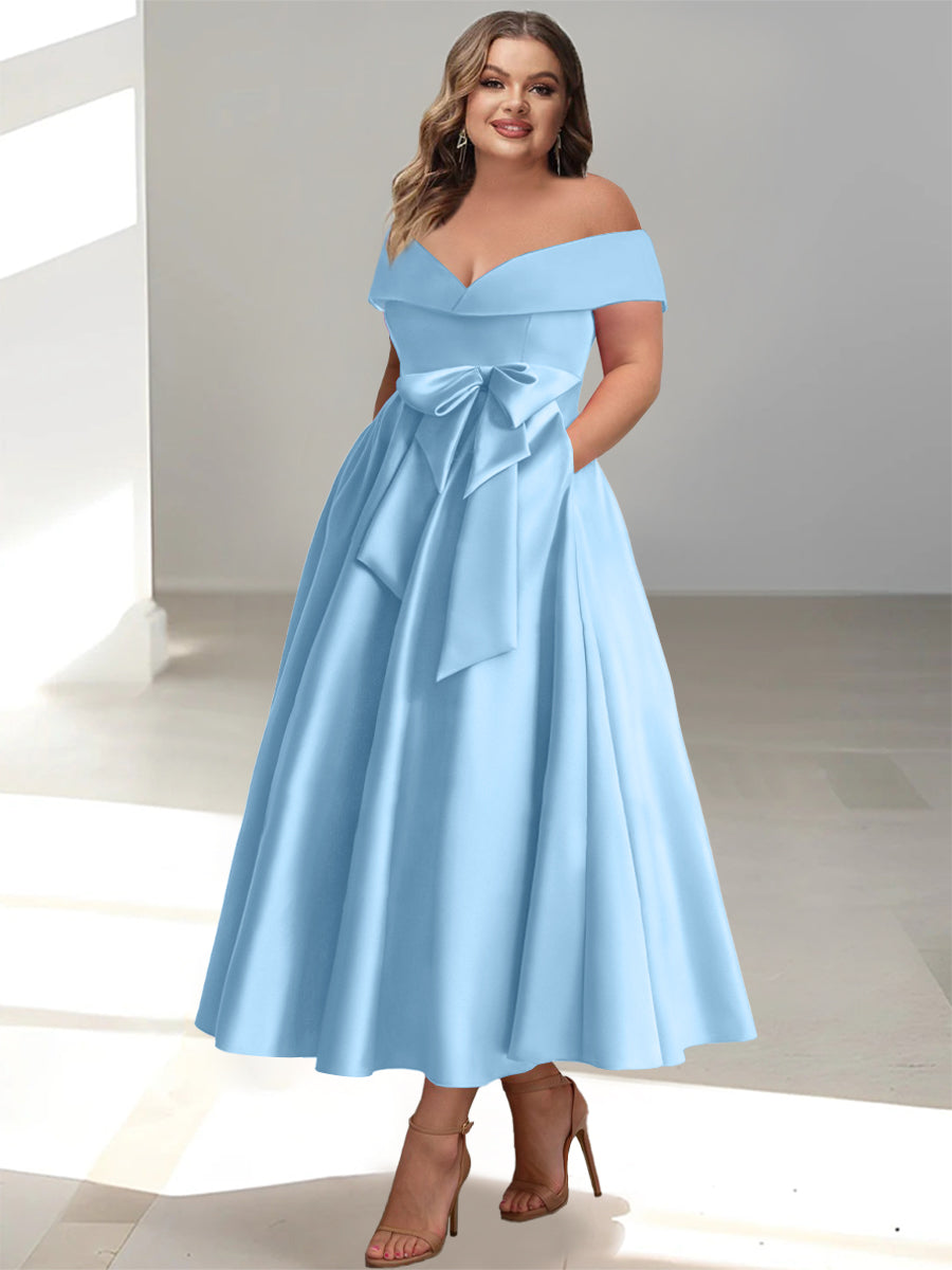 A-Line/Princess Off-the-Shoulder Sleeveless Ankle-Length Plus Size Mother of the Bride Dresses with Pockets - Image 32