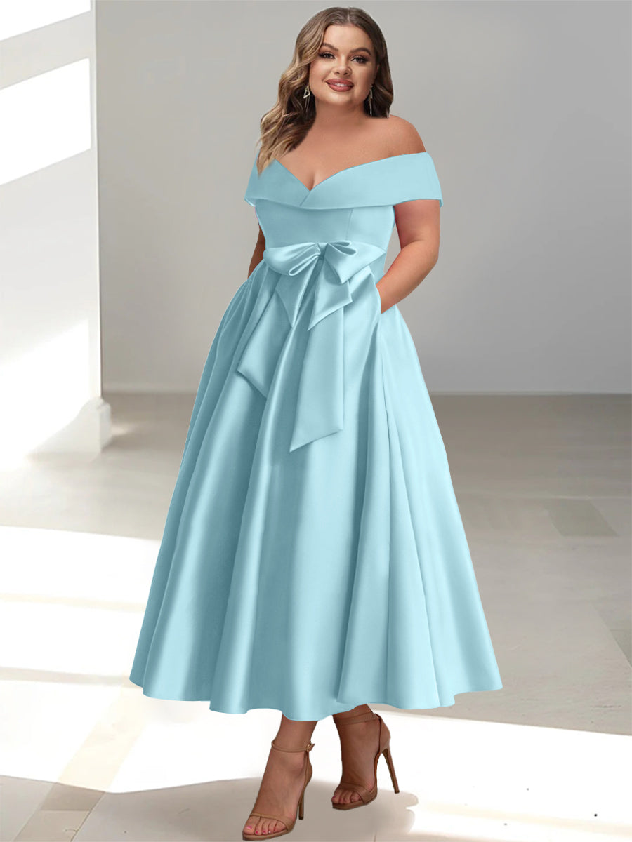 A-Line/Princess Off-the-Shoulder Sleeveless Ankle-Length Plus Size Mother of the Bride Dresses with Pockets - Image 34