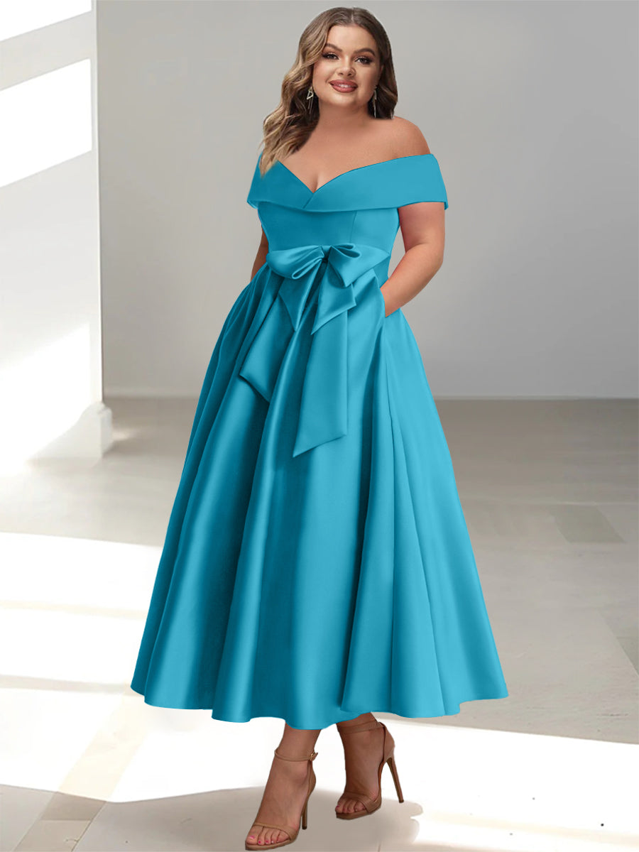A-Line/Princess Off-the-Shoulder Sleeveless Ankle-Length Plus Size Mother of the Bride Dresses with Pockets - Image 36