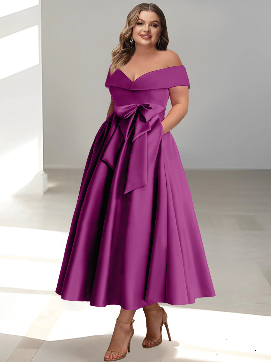 A-Line/Princess Off-the-Shoulder Sleeveless Ankle-Length Plus Size Mother of the Bride Dresses with Pockets - Image 38