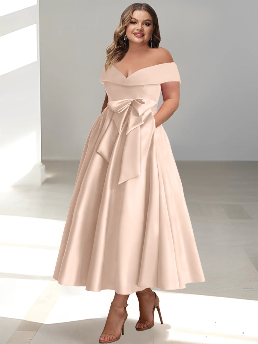 A-Line/Princess Off-the-Shoulder Sleeveless Ankle-Length Plus Size Mother of the Bride Dresses with Pockets - Image 40