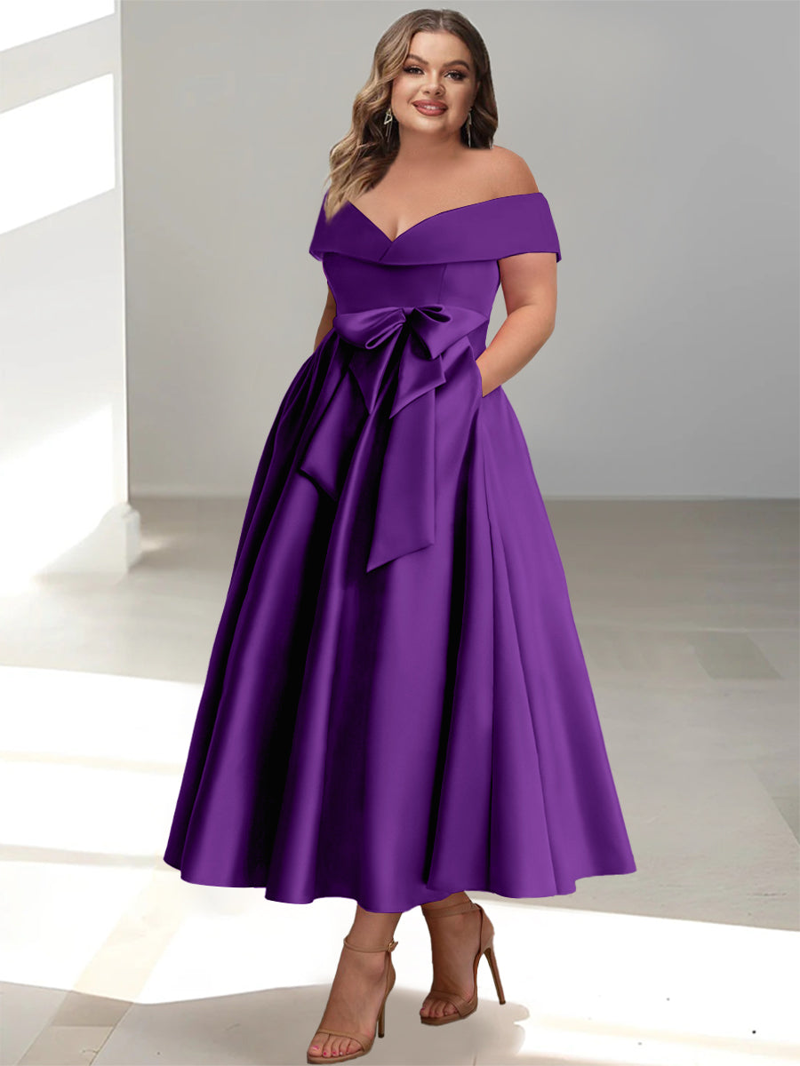 A-Line/Princess Off-the-Shoulder Sleeveless Ankle-Length Plus Size Mother of the Bride Dresses with Pockets - Image 42