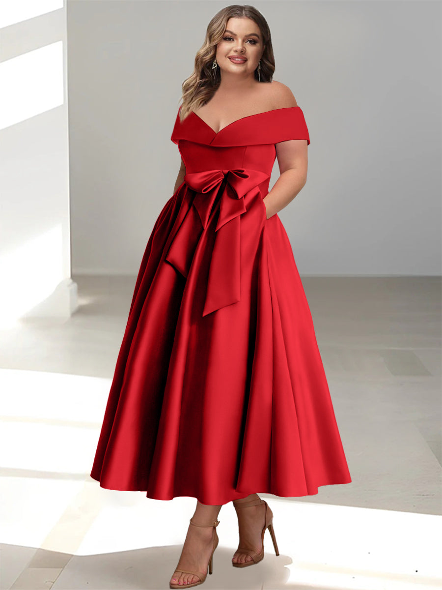 A-Line/Princess Off-the-Shoulder Sleeveless Ankle-Length Plus Size Mother of the Bride Dresses with Pockets - Image 44
