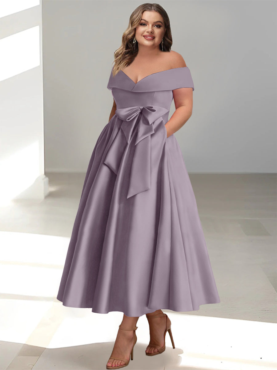A-Line/Princess Off-the-Shoulder Sleeveless Ankle-Length Plus Size Mother of the Bride Dresses with Pockets - Image 57