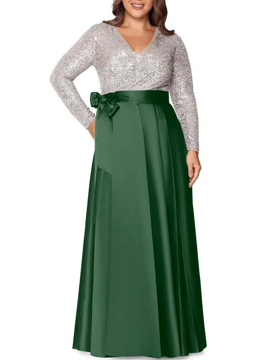 A-Line/Princess V-Neck Long Sleeves Floor-Length Plus Size Mother of the Bride Dresses With Pocket Sequins - 画像 (4)