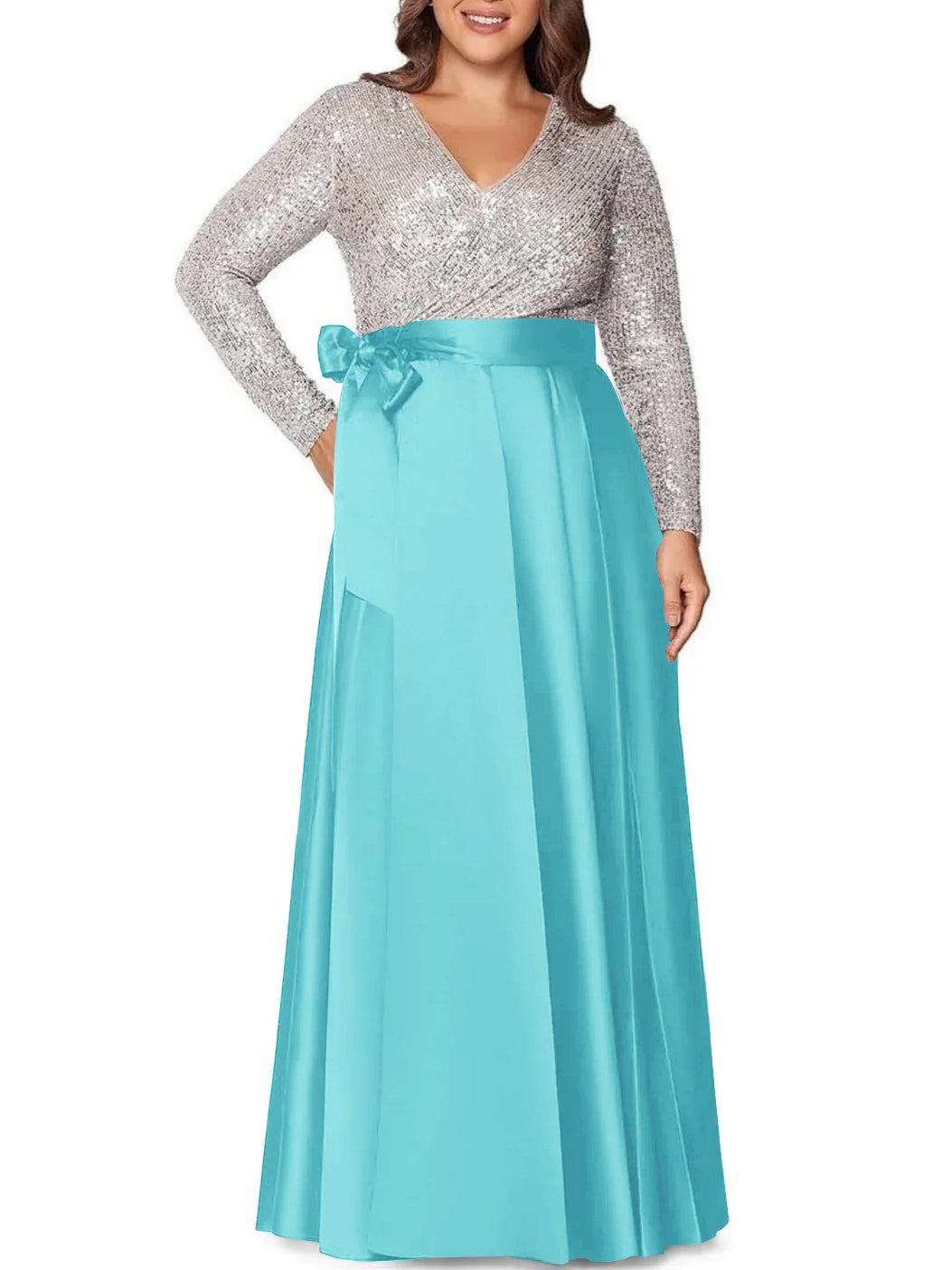 A-Line/Princess V-Neck Long Sleeves Floor-Length Plus Size Mother of the Bride Dresses With Pocket Sequins - 画像 (5)
