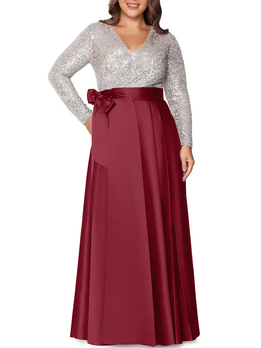 A-Line/Princess V-Neck Long Sleeves Floor-Length Plus Size Mother of the Bride Dresses With Pocket Sequins - 画像 (6)