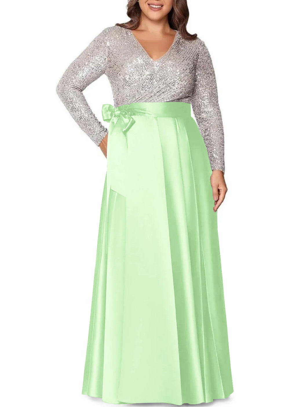 A-Line/Princess V-Neck Long Sleeves Floor-Length Plus Size Mother of the Bride Dresses With Pocket Sequins - 画像 (9)