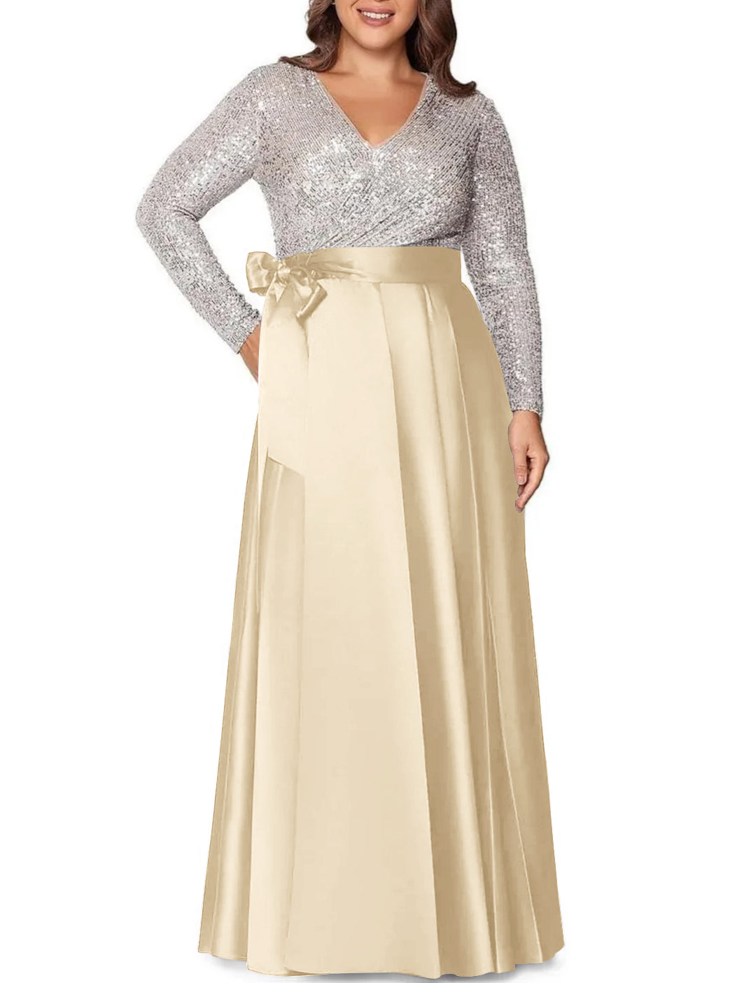 A-Line/Princess V-Neck Long Sleeves Floor-Length Plus Size Mother of the Bride Dresses With Pocket Sequins - 画像 (10)