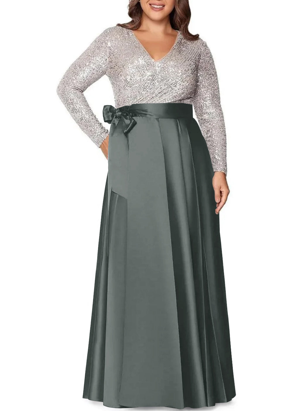 A-Line/Princess V-Neck Long Sleeves Floor-Length Plus Size Mother of the Bride Dresses With Pocket Sequins - 画像 (11)