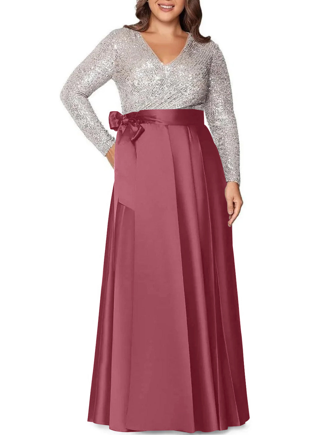 A-Line/Princess V-Neck Long Sleeves Floor-Length Plus Size Mother of the Bride Dresses With Pocket Sequins - 画像 (13)