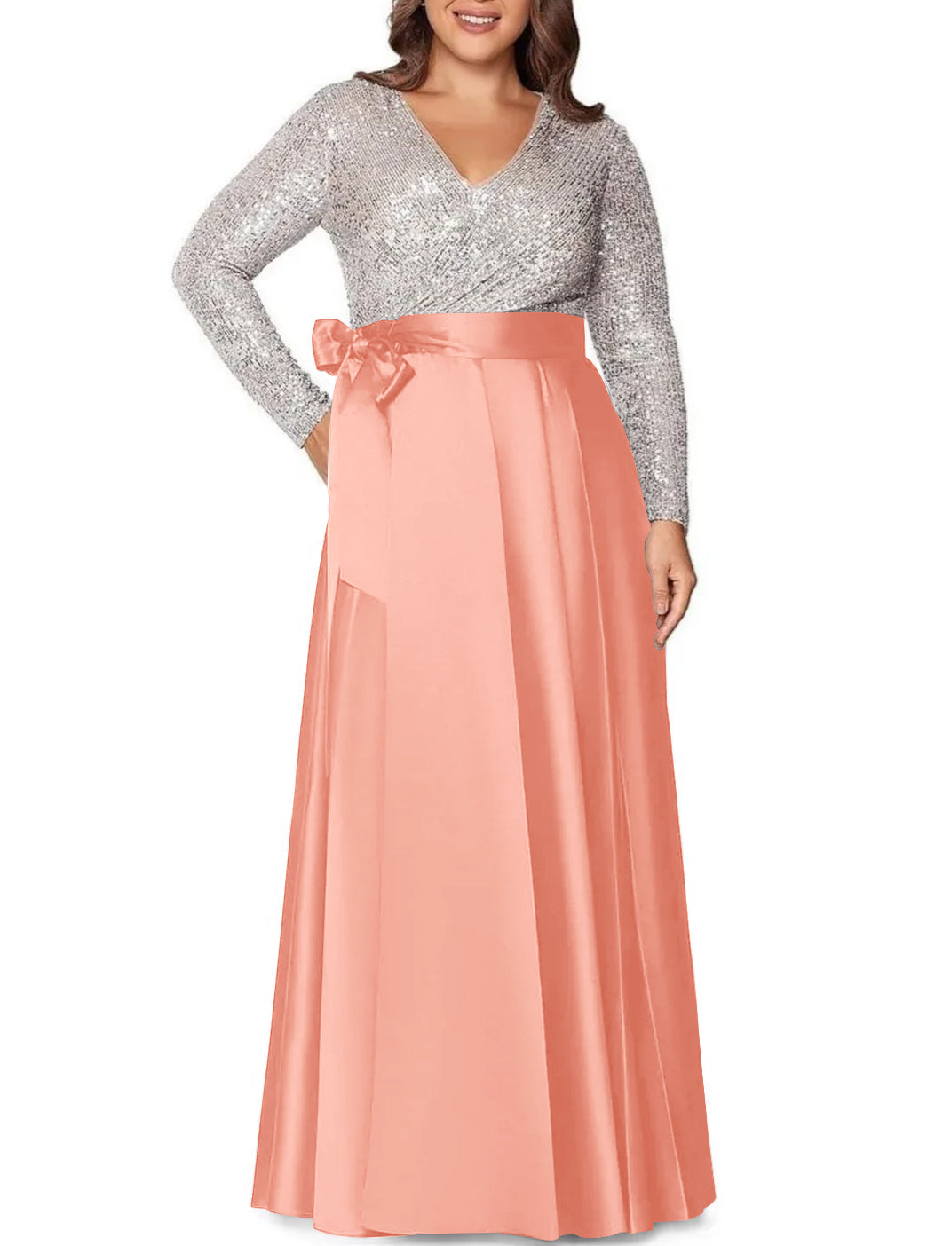 A-Line/Princess V-Neck Long Sleeves Floor-Length Plus Size Mother of the Bride Dresses With Pocket Sequins - 画像 (14)