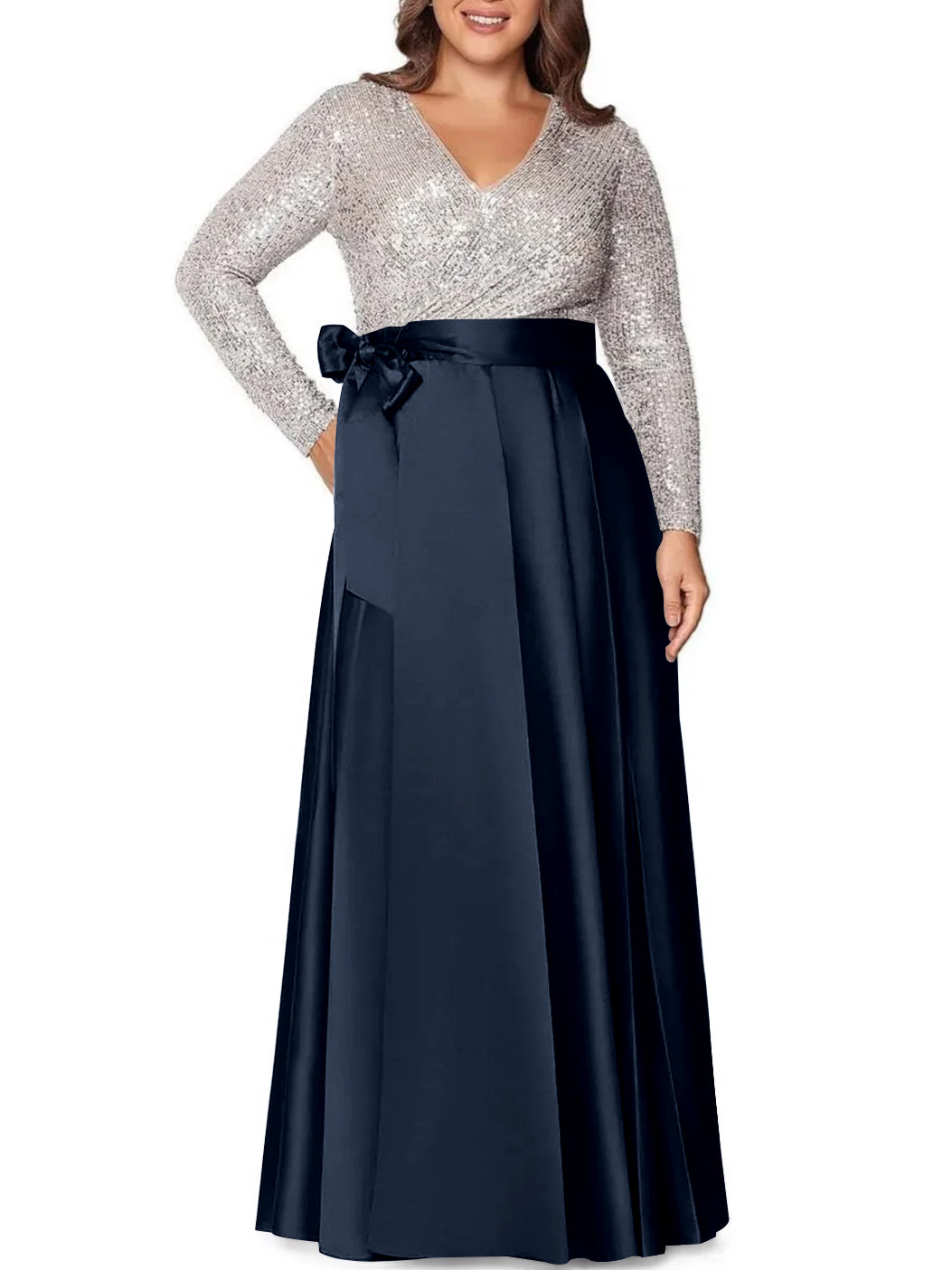 A-Line/Princess V-Neck Long Sleeves Floor-Length Plus Size Mother of the Bride Dresses With Pocket Sequins - 画像 (17)