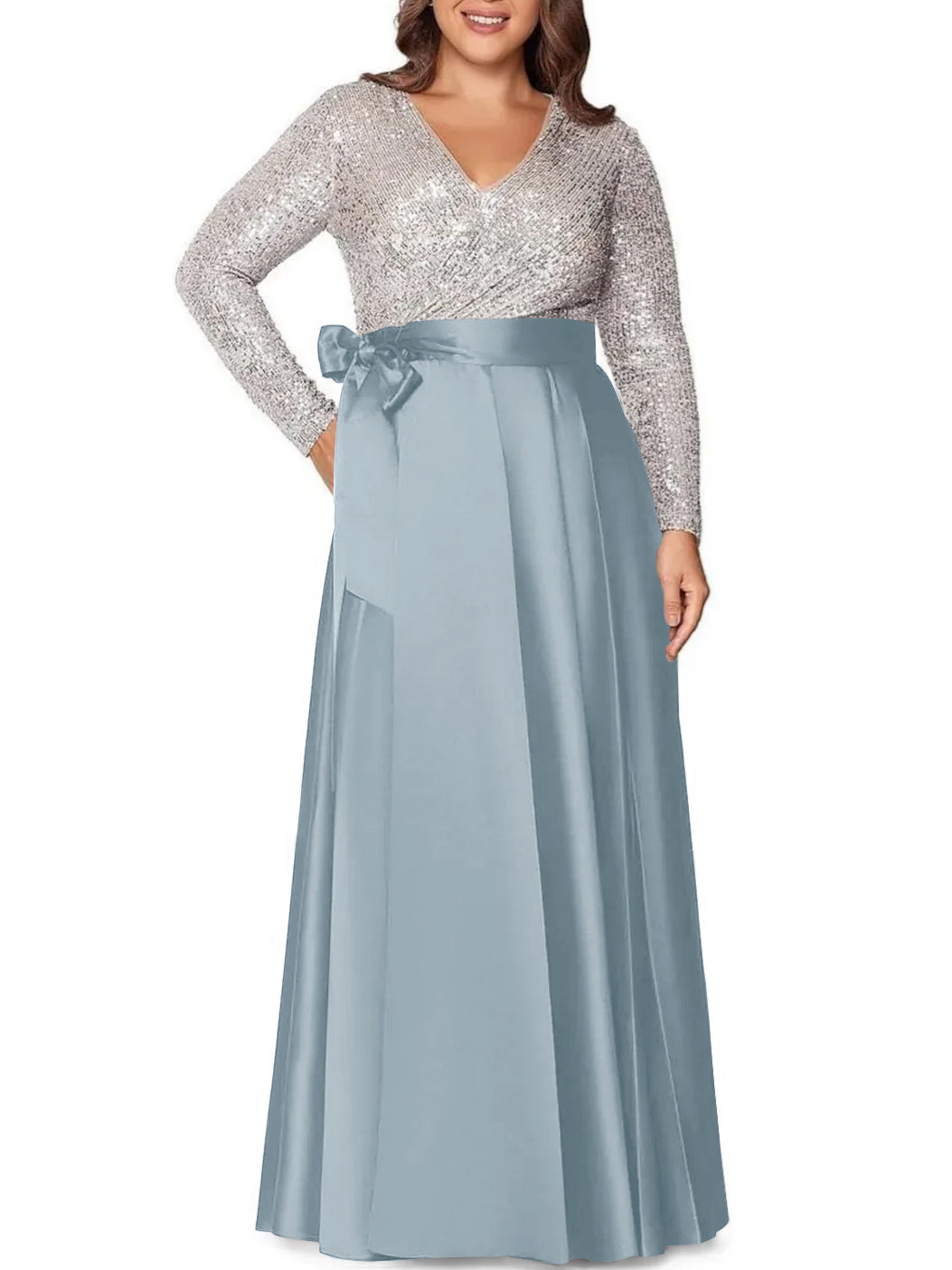 A-Line/Princess V-Neck Long Sleeves Floor-Length Plus Size Mother of the Bride Dresses With Pocket Sequins - 画像 (21)