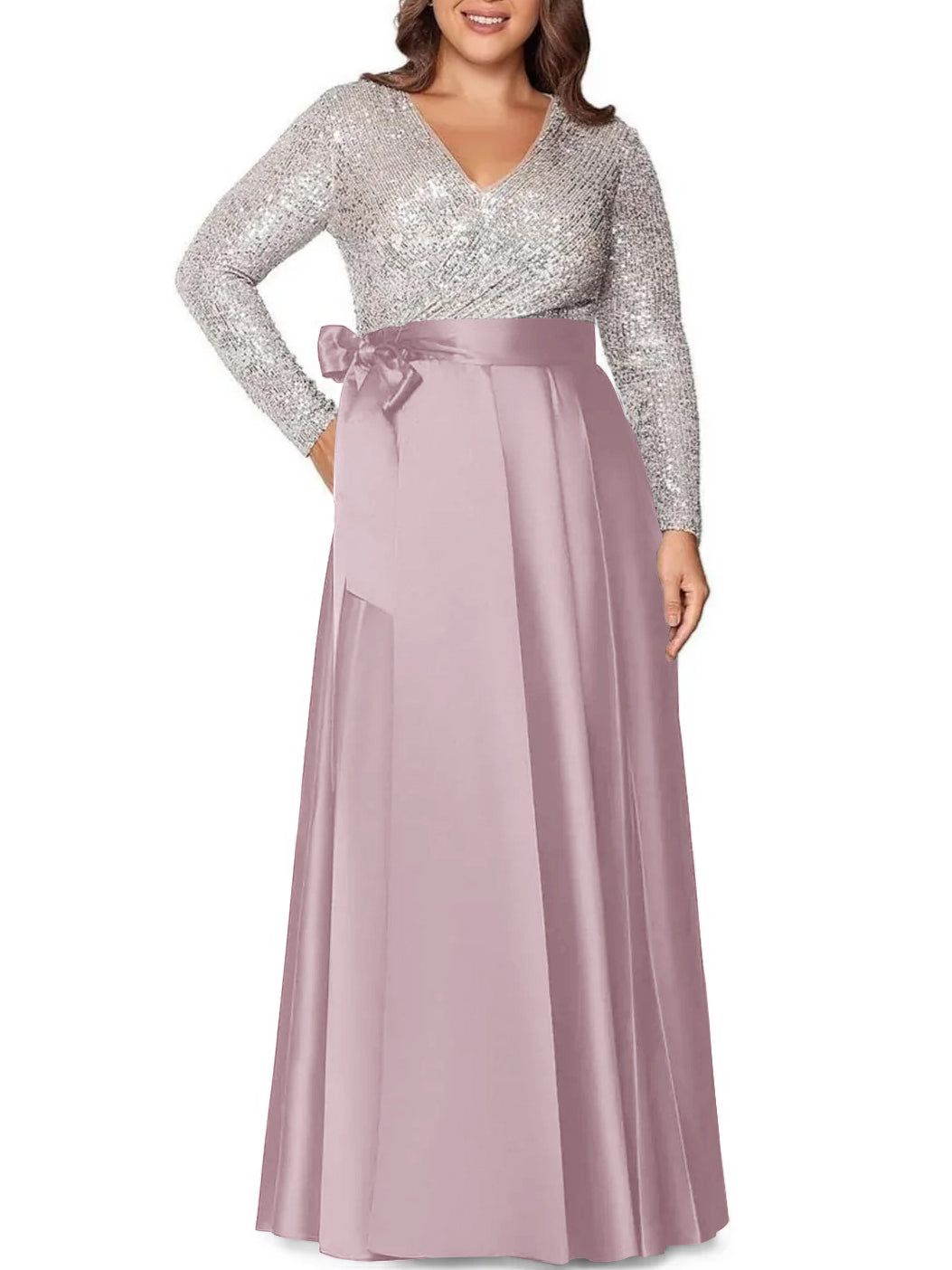 A-Line/Princess V-Neck Long Sleeves Floor-Length Plus Size Mother of the Bride Dresses With Pocket Sequins - 画像 (22)