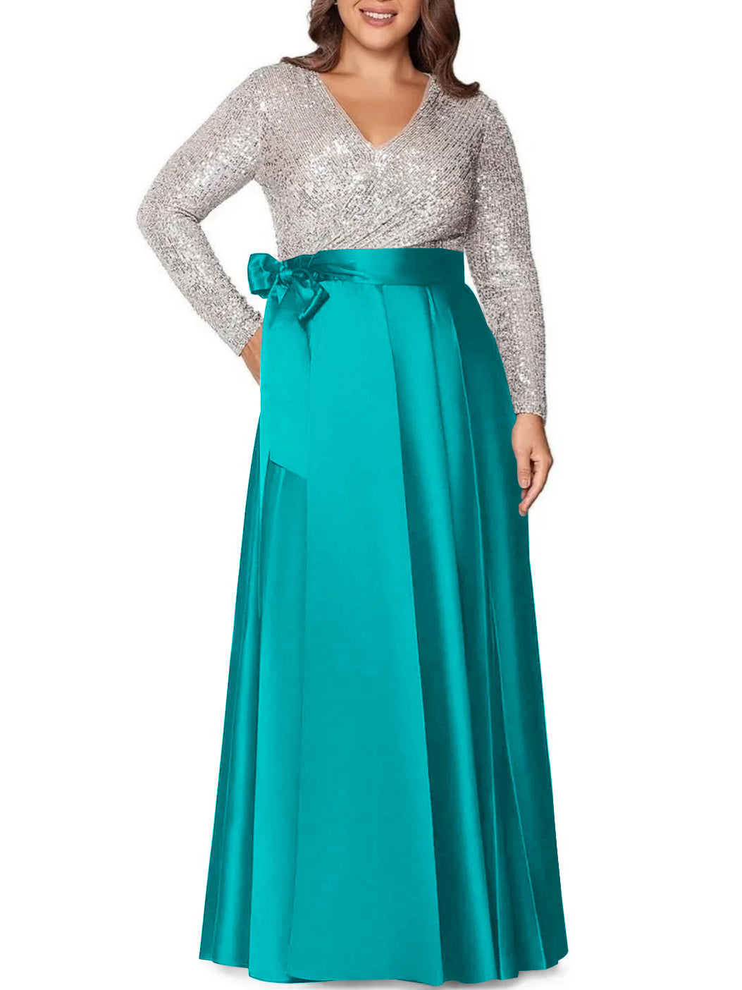 A-Line/Princess V-Neck Long Sleeves Floor-Length Plus Size Mother of the Bride Dresses With Pocket Sequins - 画像 (23)