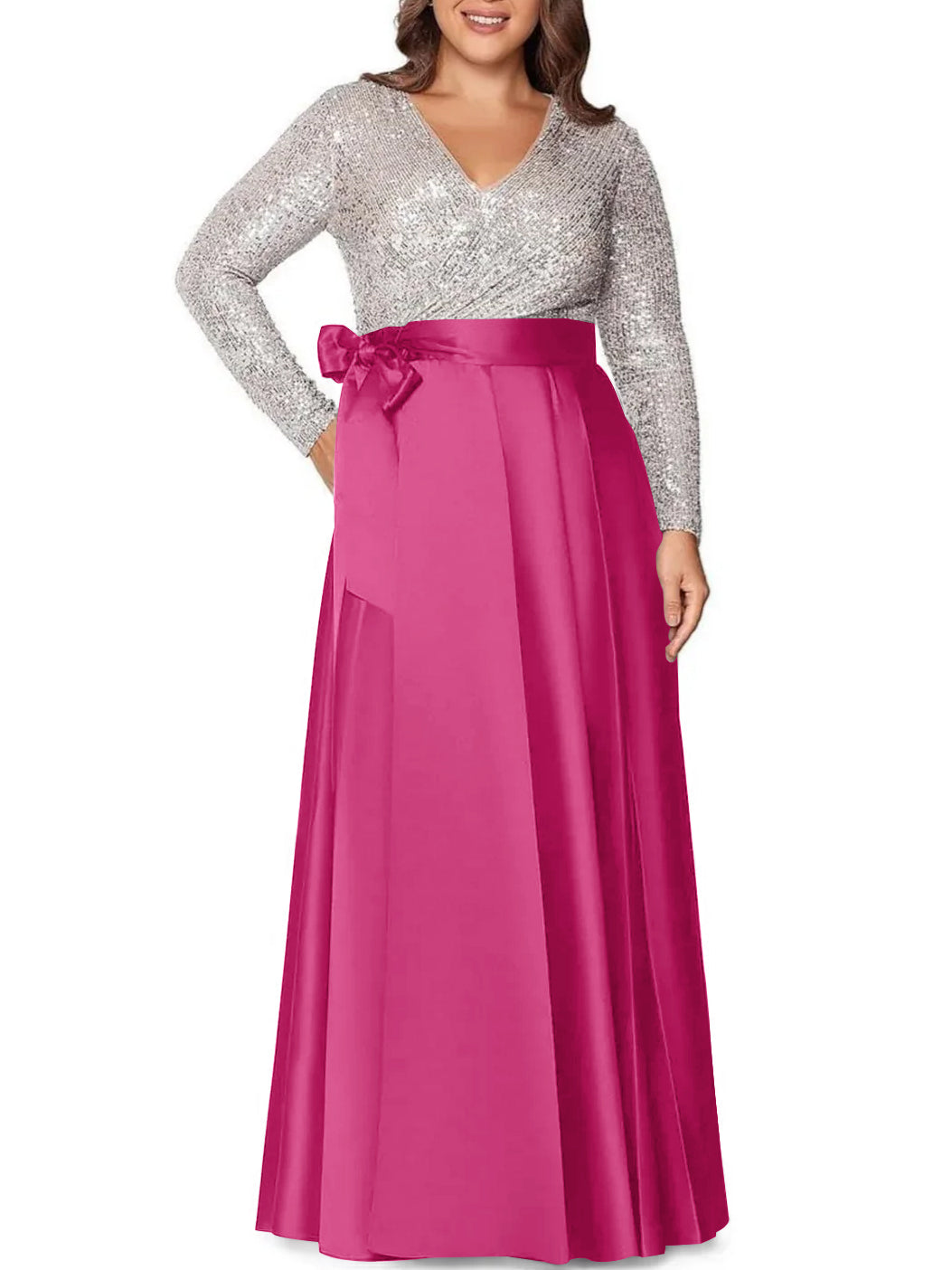 A-Line/Princess V-Neck Long Sleeves Floor-Length Plus Size Mother of the Bride Dresses With Pocket Sequins - 画像 (24)