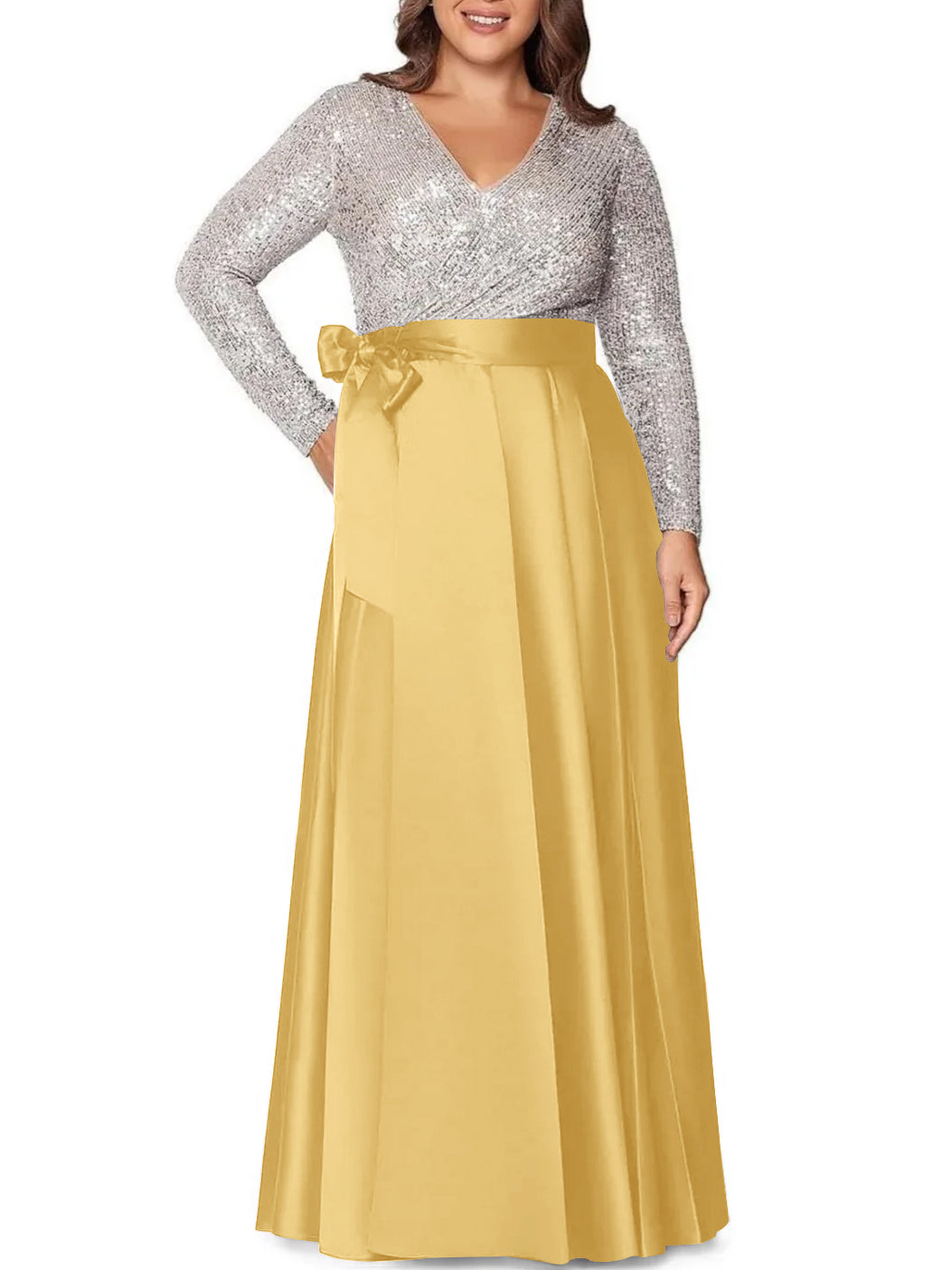 A-Line/Princess V-Neck Long Sleeves Floor-Length Plus Size Mother of the Bride Dresses With Pocket Sequins - 画像 (25)