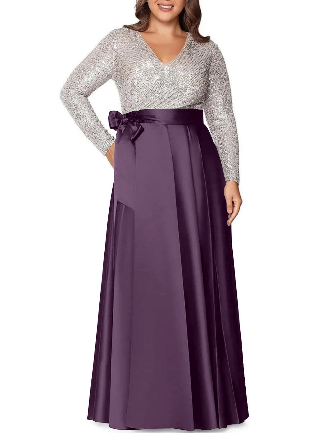 A-Line/Princess V-Neck Long Sleeves Floor-Length Plus Size Mother of the Bride Dresses With Pocket Sequins - 画像 (26)