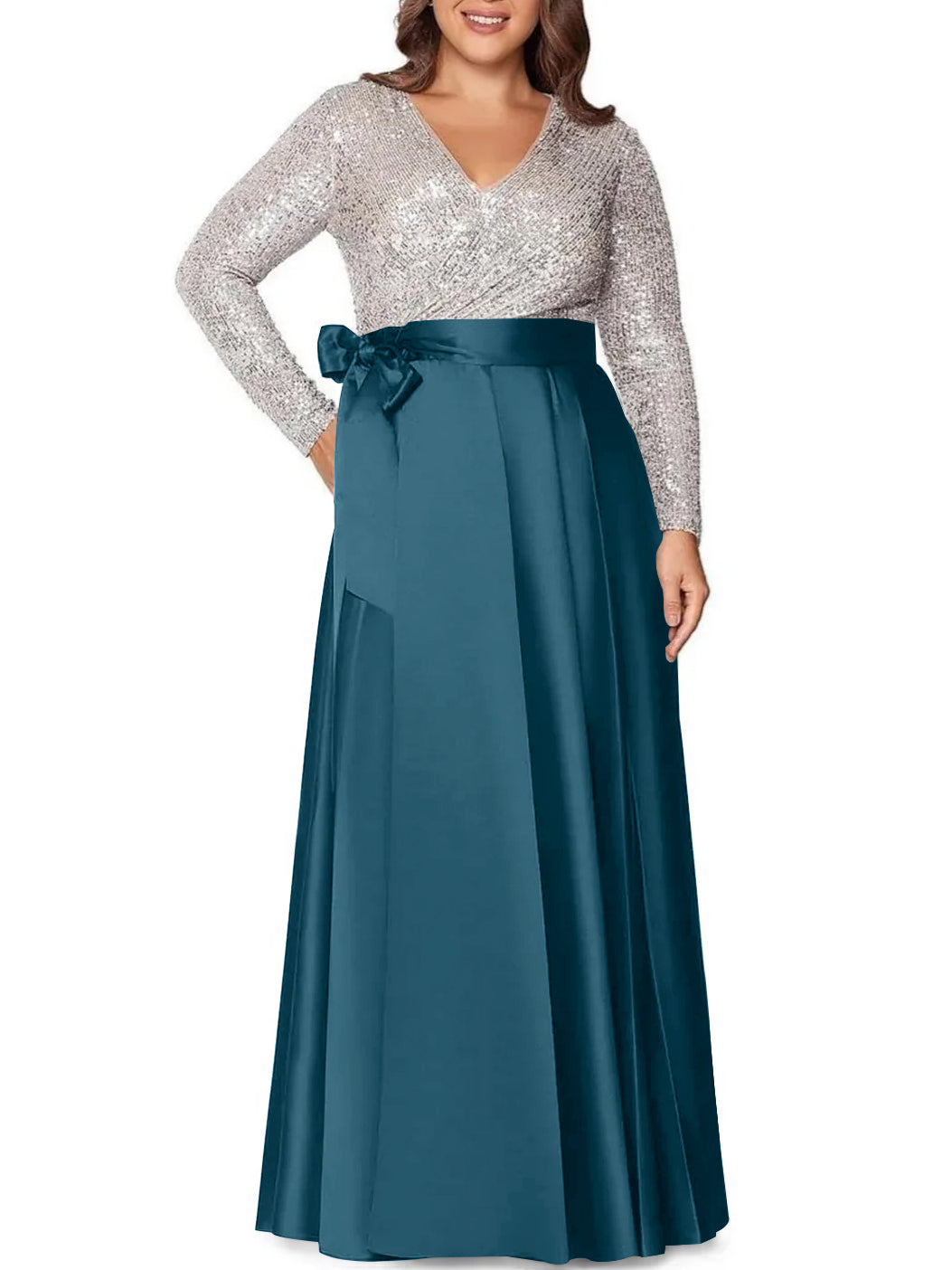 A-Line/Princess V-Neck Long Sleeves Floor-Length Plus Size Mother of the Bride Dresses With Pocket Sequins - 画像 (27)