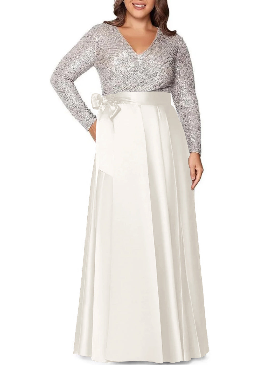 A-Line/Princess V-Neck Long Sleeves Floor-Length Plus Size Mother of the Bride Dresses With Pocket Sequins - 画像 (28)
